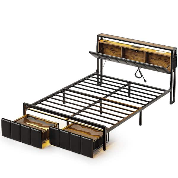 Brown Metal Frame Queen Size Platform Bed with Charge Station and Storage Headboard and Drawers Rustic