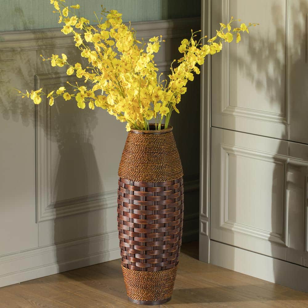 Antique Bamboo Rope Cylinder Floor Vase, Brown, 26"