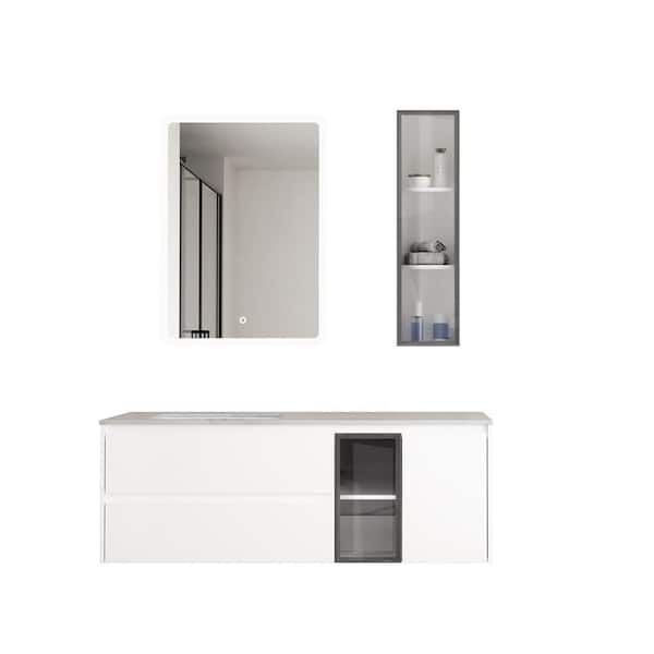 Mediterraneo 51 in. Bristol Bath White Vanity  with Top Sintered Stone and Ceramic Basin Includes Mirror and Side White Cabinet