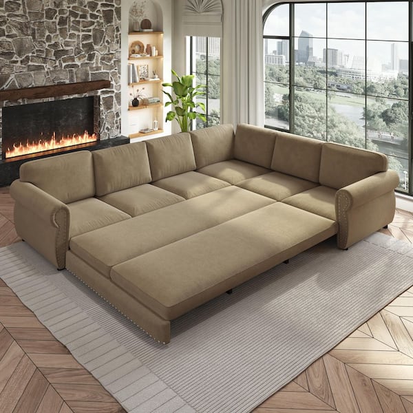 Oversize Convertible 118 in. Chenille Fabric Sectional Sofa in Camel with Nailhead Trim, Pull-out Sofa Sleeper