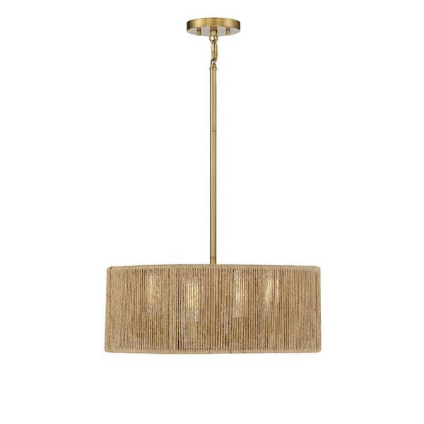 Savoy House Ashe 20 in. W x 8 in. H 4-Light Warm Brass Statement Pendant Light with Rope Shade