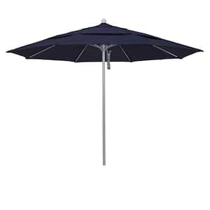 11 ft. Gray Woodgrain Aluminum Commercial Market Patio Umbrella Fiberglass Ribs and Pulley Lift in Navy Blue Pacifica