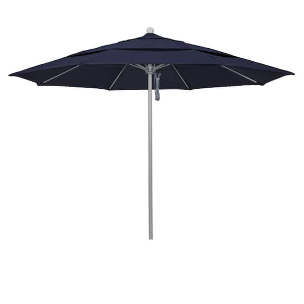 California Umbrella 11 ft. Gray Woodgrain Aluminum Commercial Market Patio Umbrella Fiberglass Ribs and Pulley Lift in Navy Blue Pacifica