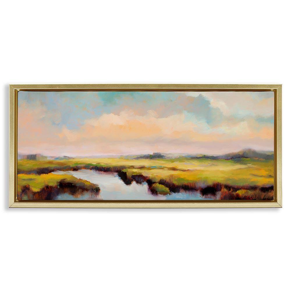 Sunrise over Rural Stream by Odile Gold Floater Frame Nature Graphic Art Print 11 in. x 25 in.