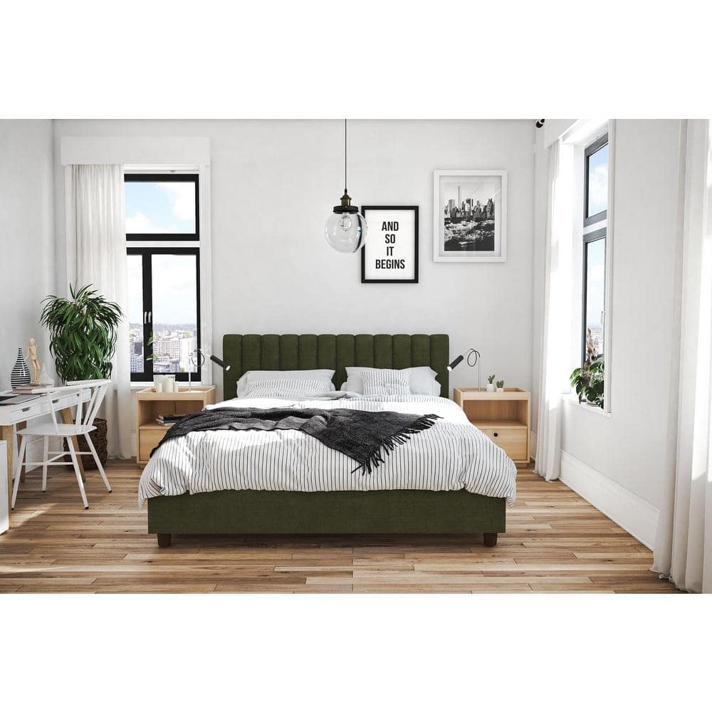 Green Linen Upholstered Queen Platform Bed with Oak Legs