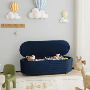 Farrah 54 in. Wide Oval Velvet Upholstered Entryway Flip Top Storage Bedroom Accent Bench in Navy Blue