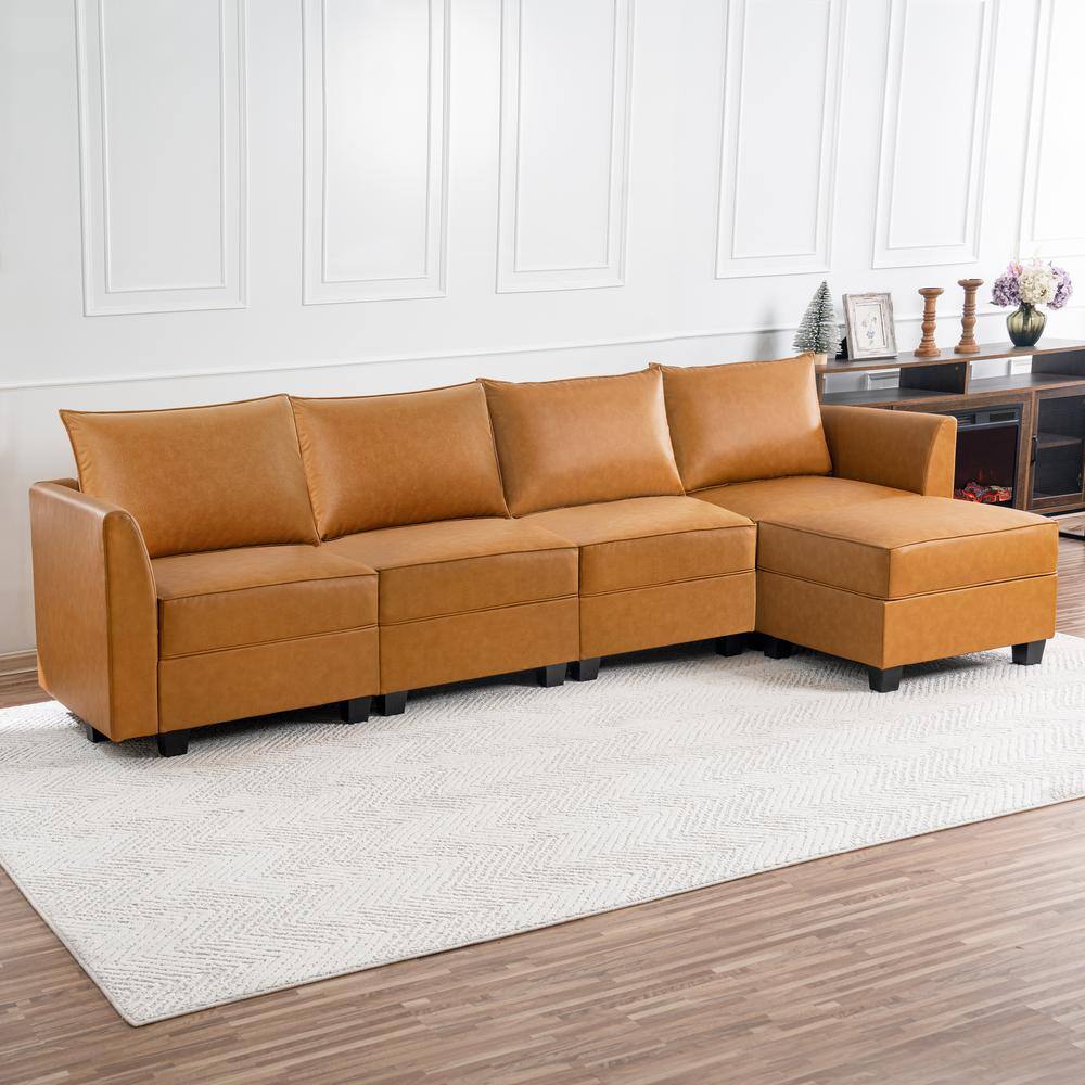 MAYKOOSH 112.8 in. Faux Leather Contemporary 4 Seater Upholstered Sectional Sofa Bed with Ottoman in Caramel 51000HD The Home Depot