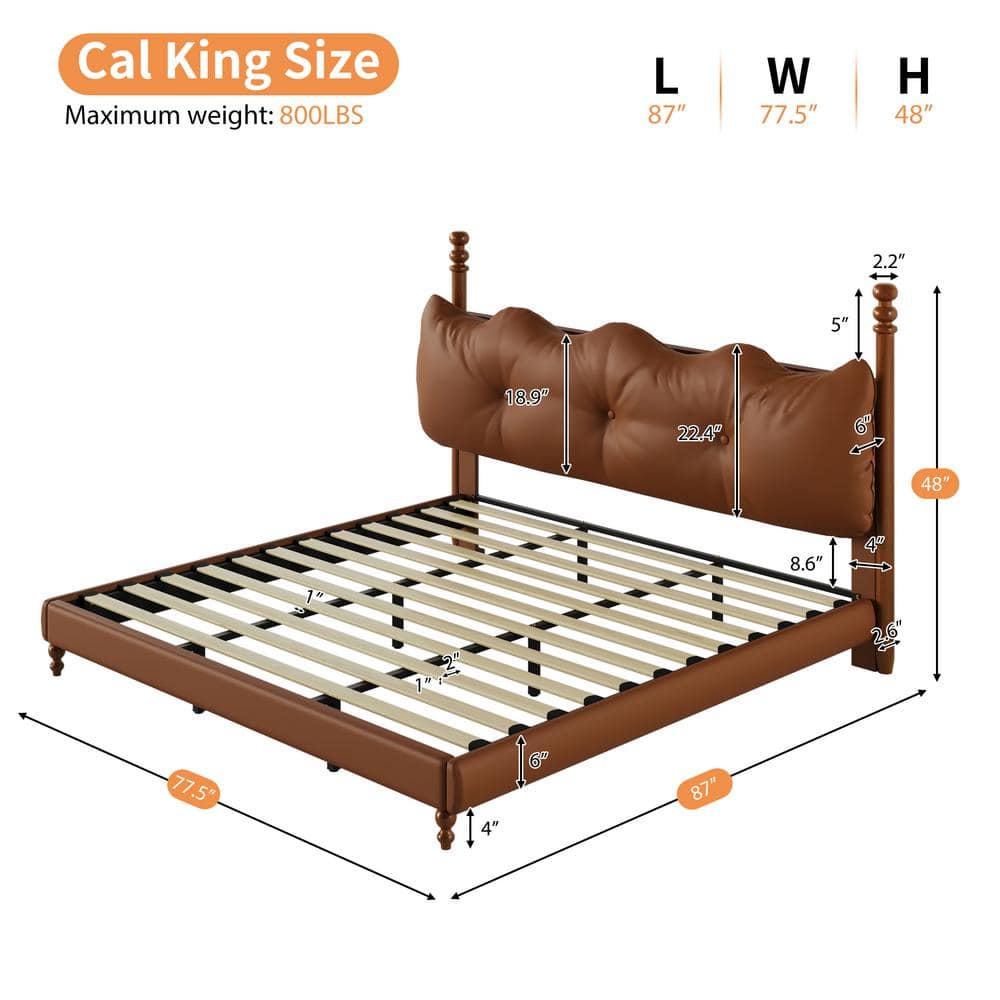 California King Coffee Faux Leather Upholstered Bed with Tufted Headboard