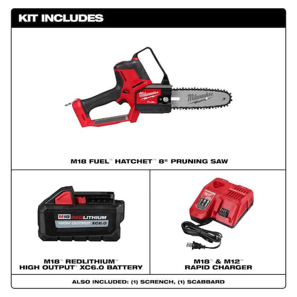 M18 FUEL 8 in. 18V Lithium-Ion Brushless Electric Battery Chainsaw HATCHET w/6.0 Ah High Output , Rapid Charger