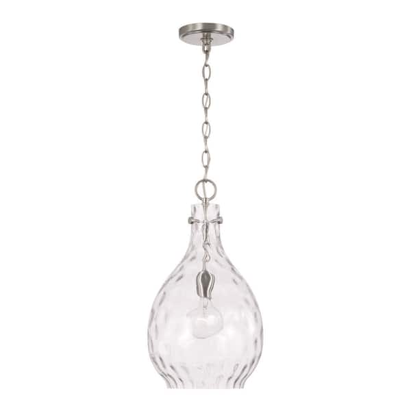HOMEPLACE LIGHTING Brentwood 9.75 in. W x 18 in. H 1-Light Pendant in Brushed Nickel with Clear Teardrop Water Glass