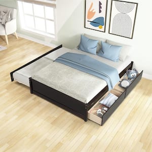 Espresso Full Size Platform Bed with Twin Trundle and 2-Drawers, Wood Kids Captain Platform Bed Frame with Wood Slats