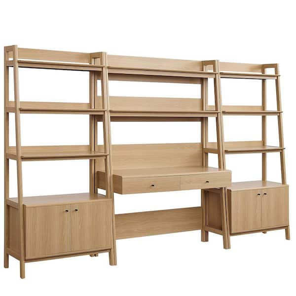 MODWAY Bixby 114 in. W Rectangular in Oak 3-Piece Home Office Desk and Bookshelf Display Case