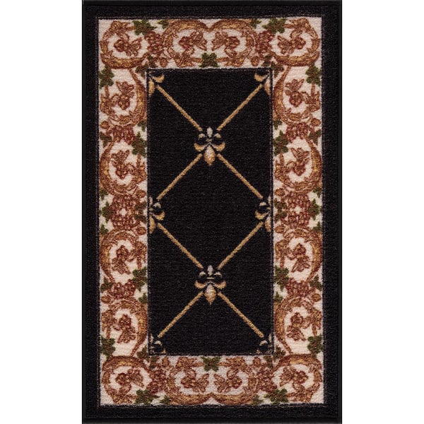 PLAYA RUG Carpet Mat Fleur De Lis Design Slip Resistant, Black, 19.5 in. x 32 in.