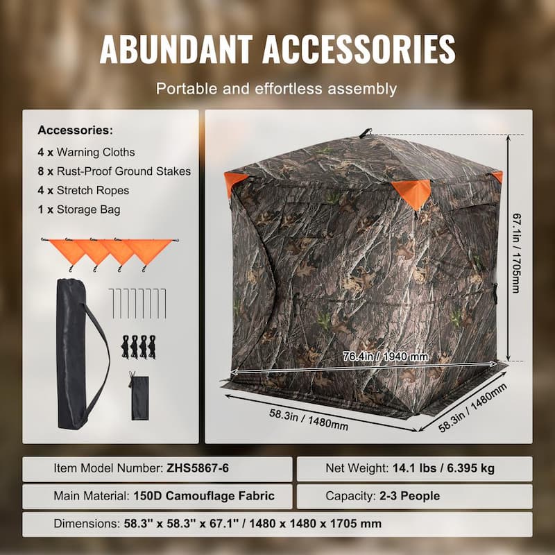 Hunting Blind, 270-Degree See Through Ground Blind, 2-3 Person Pop Up Deer Blind for Hunting with Carrying Bag, Portable