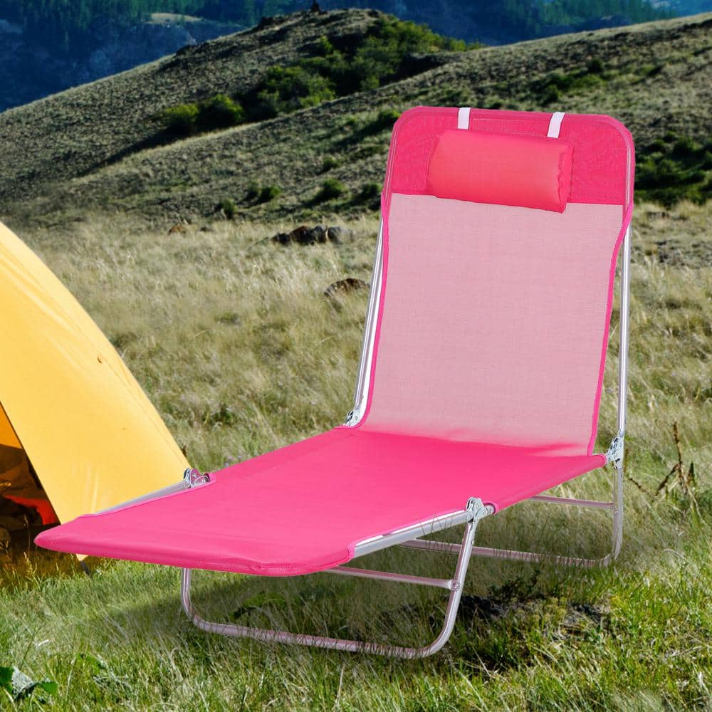 Outsunny Portable Mesh Chaise Lounge Chair, 5-Position Reclining, Pink & Silver
