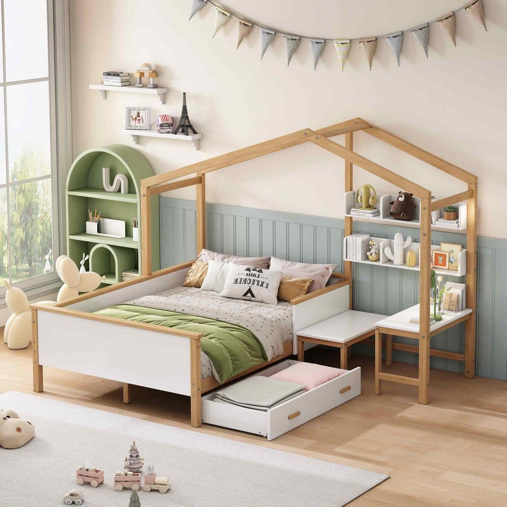 White Wood Frame Full Size Platform Bed with Drawer,Desk and Bookshelf