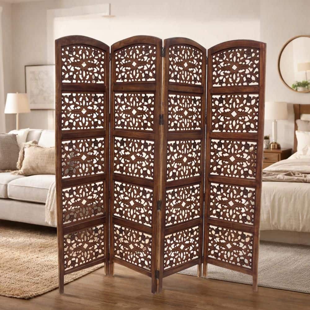 Handmade Foldable 4-Panel Brown Wooden Partition Screen Room Divider