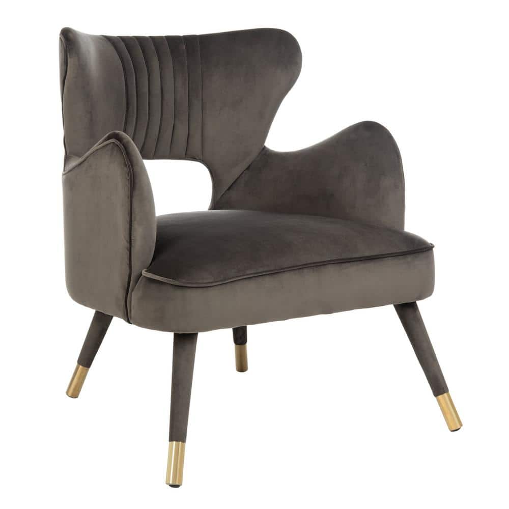Shale Velvet & Gold-Capped Wood Transitional Accent Chair