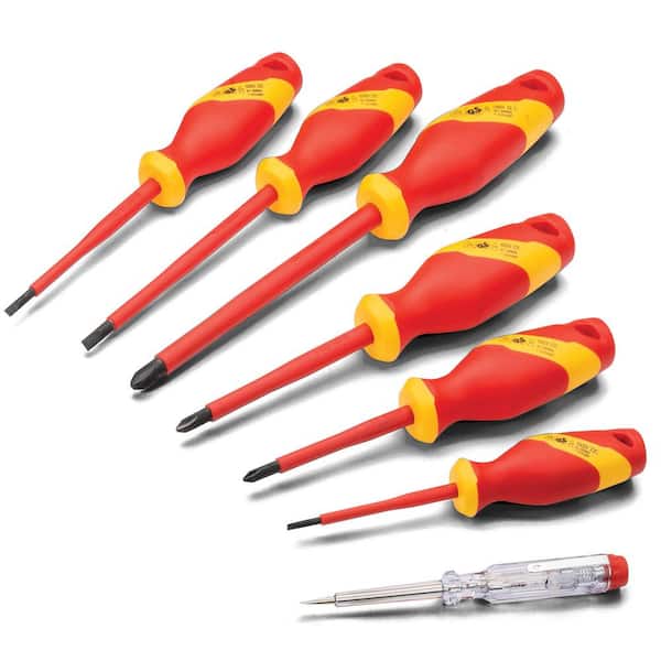 Powerbuilt EVT 3-Inch to 5.5-Inch Shank 7 Bit VDE Red and Yellow Insulated Screwdriver Sets (7-Piece)