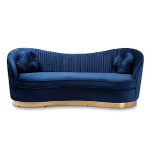 Nevena 84.7 in. Royal Blue/Gold Velvet 3-Seater Camelback Sofa with Gold Base
