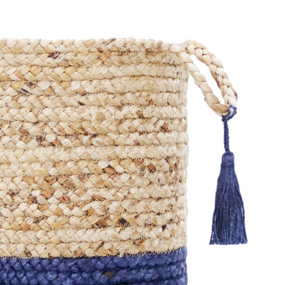 Handmade Round Tan and Sapphire Blue Jute Storage Basket with Loop Handles