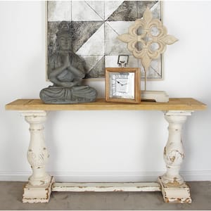 59 in. White Large Rectangle Wood Distressed Console Table with Brown Wood Top