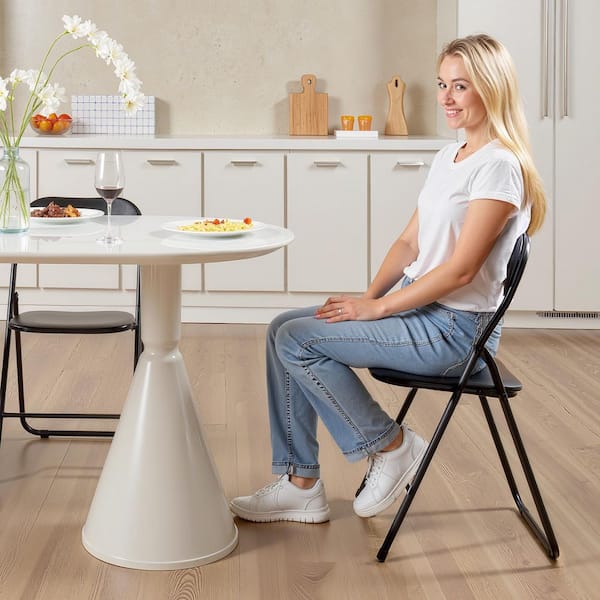 Leather Folding Chairs, 4-Pack with Padded Cushion and Metal Frame, Portable, Stackable for Home, Garden, Events, Black