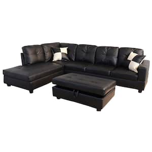 Black Faux Leather 3-Seater Right-Facing Chaise Sectional Sofa with Storage Ottoman