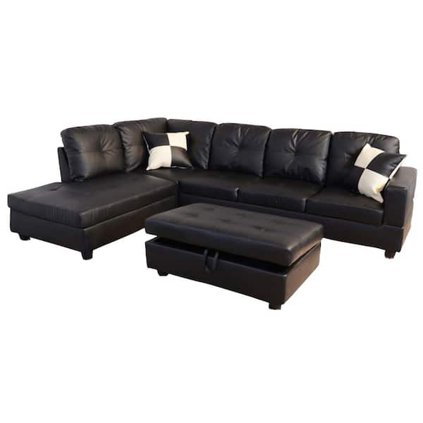 Star Home Living Black Faux Leather 3, Black Leather 3 Seater Chaise Lounge