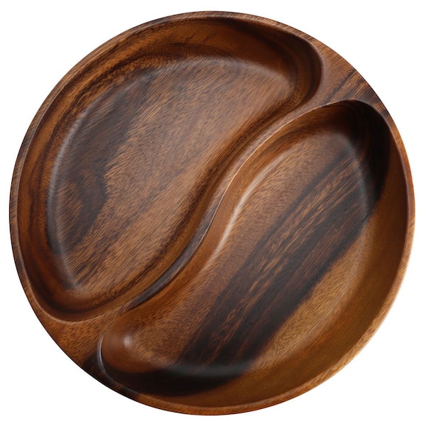 10 Inch 40 fl. oz. Acacia Wood Divided Serving Bowl in Dark Brown