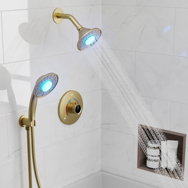 YAWWALK 2-Spray 5 in. LED 3-Color Dual Shower Head Wall Mount Handheld Shower Head in Brushed Gold (Valve Included)