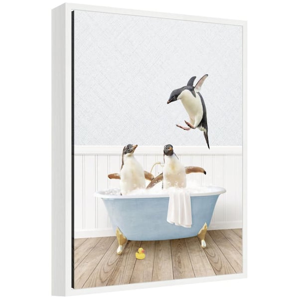 Sylvie "Penguins in Cottage Blue Bathtub in. by Amy Peterson Framed Art Print 24 in. x 18 in.