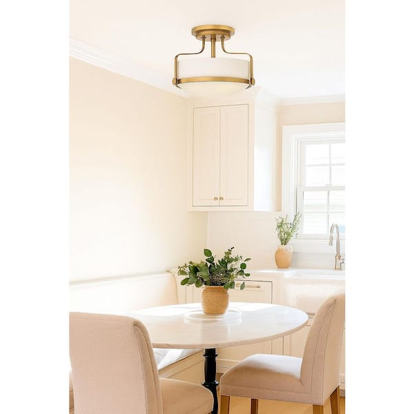 Hinkley Harper Medium Semi-Flush Mount Ceiling Light, Heritage Brass + Etched Opal Glass