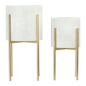 Round White and Gold Iron Floor Planters with Stands (2-Pack)