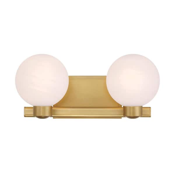 Mooncrest 16 in. 2-Light Legacy Brass Vanity Light with Etched Alabaster Glass Shades
