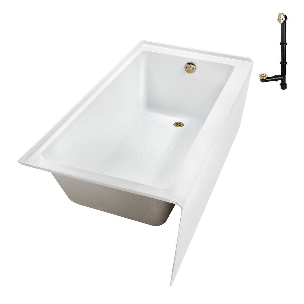 60-Inch Glossy White Acrylic Alcove Bathtub with Polished Brass Drain