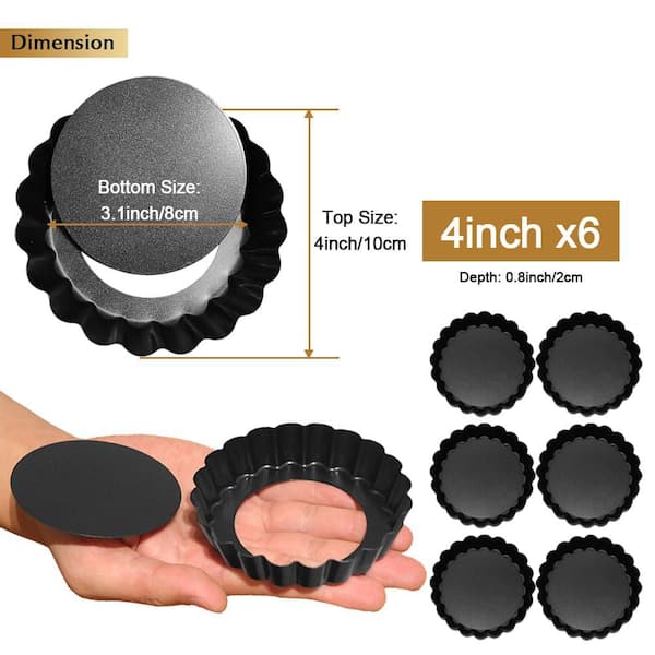 4 in. Non-stick Round Tart Pans with Removable Bottom for Baking, Mousse Cakes, Fruit and Desserts, Black (6-Pack)