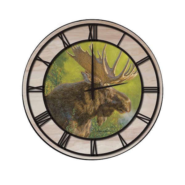 Unbranded "Crisp Fall Morning Moose" Woodgrain Accent and Black Numbers Imaged Wall Clock