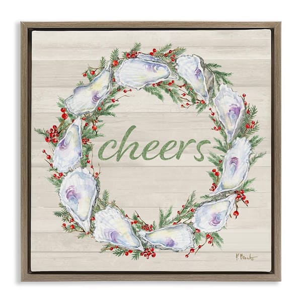 Stupell Industries Shells and Holly Cheers by Paul Brent Brown Floater Frame Typography Graphic Art Print 25 in. x 25 in.