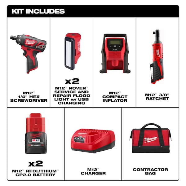 M12 12-Volt Lithium-Ion Brushless Cordless Combo Kit with M12 ROVER Service and Repair Flood Light w/ USB Charging