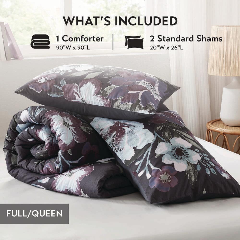 Dark Gray and Plum Floral Cotton Full Comforter Set