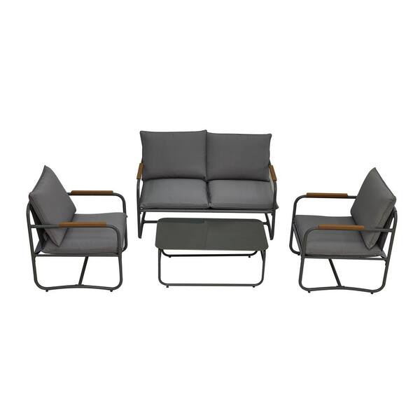 Unbranded Simple and Stylish 4-Piece Metal Patio Conversation Set with Black Cushions, Courtyard Patio Set for Home, Yard, Pool