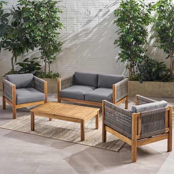 Laurel Teak Brown 4-Piece Wood Outdoor Patio Conversation Seating Set with Grey Cushions