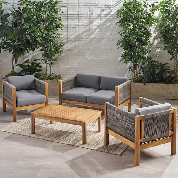 Noble House Laurel Teak Brown 4-Piece Wood Patio Conversation Seating Set with Grey Cushions