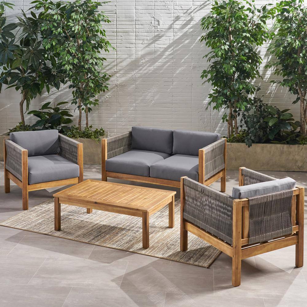 Noble House Laurel Teak Brown 4-Piece Wood Patio Conversation Seating Set with Grey Cushions - 1