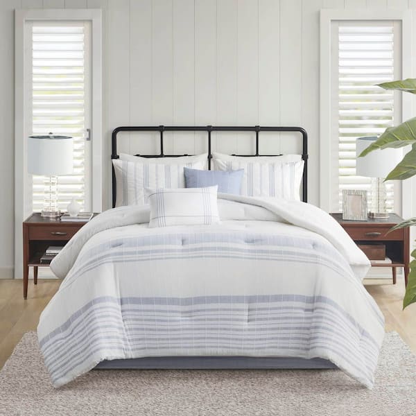 Morgan 5-Piece White/Blue Cotton King/California King Jaquard Duvet Cover Set