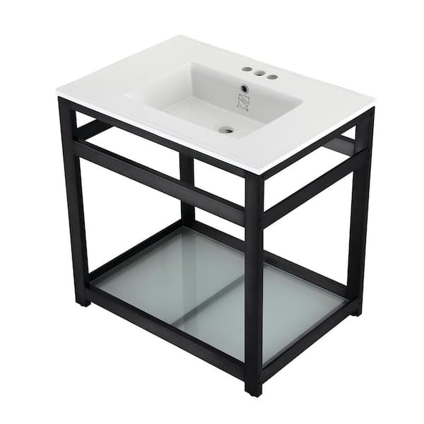 Kingston Brass 31 in. Ceramic Console Sink (4 in. in 3-Hole) with Stainless Steel Base in Matte Black