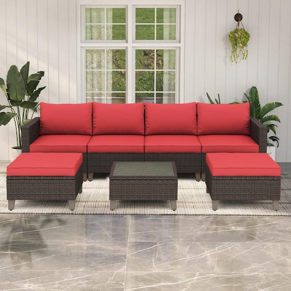 Cesicia 7-Piece PE Rattan Wicker Outdoor Patio Conversation Sectional Sofa with Red Cushions
