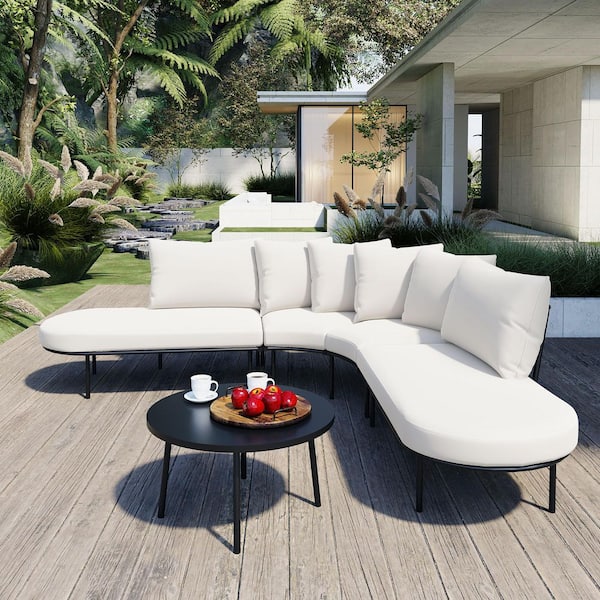 Harper & Bright Designs 2-Piece Half-Moon Curved Metal Patio Conversation Set with Beige Cushions, Coffee Table