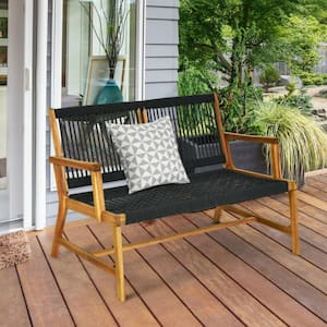 2-Person Black Acacia Wood Yard Bench Chair for Balcony and Patio